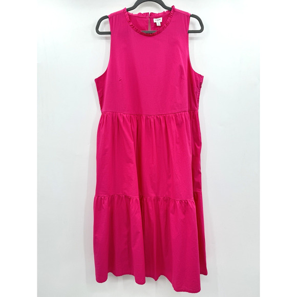 J. Crew Sleeveless Tiered Midi Dress Sz 14 Begonia Pink Cotton Stretch Pockets - Picture 1 of 10